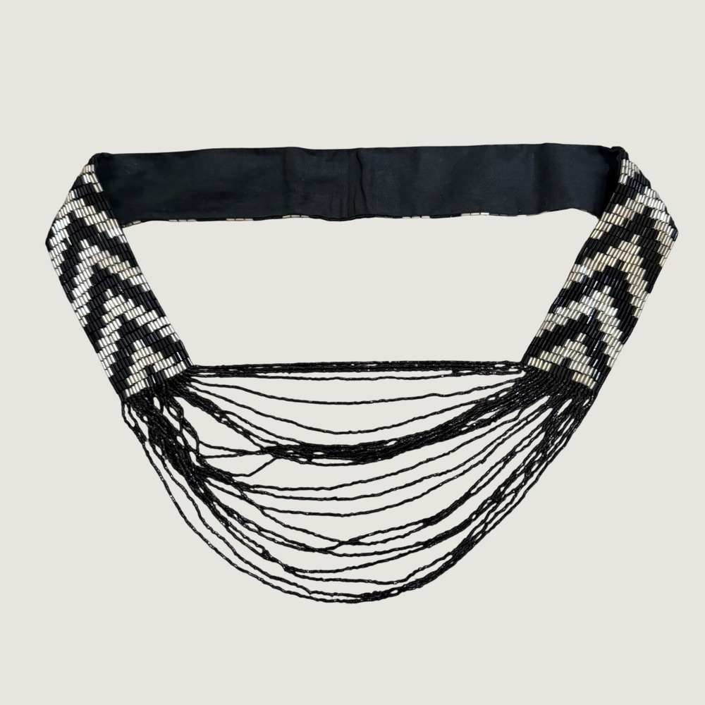 Beaded Statement Necklace OS Chevron Fringe Seed Bead Boho Black